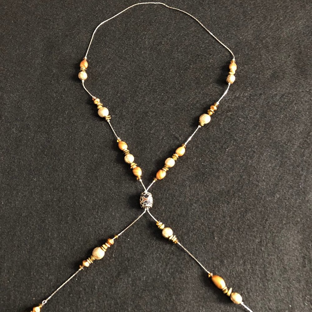 Yellow beads silver metal chain necklace 24" long